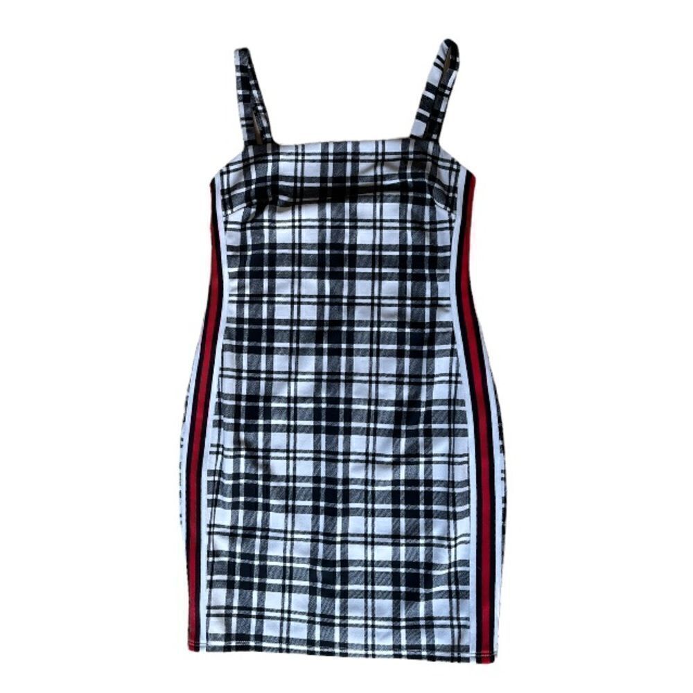 HEARTBEEPS Black and White Plaid Bodycon Dress with Red Side Stripe (M)